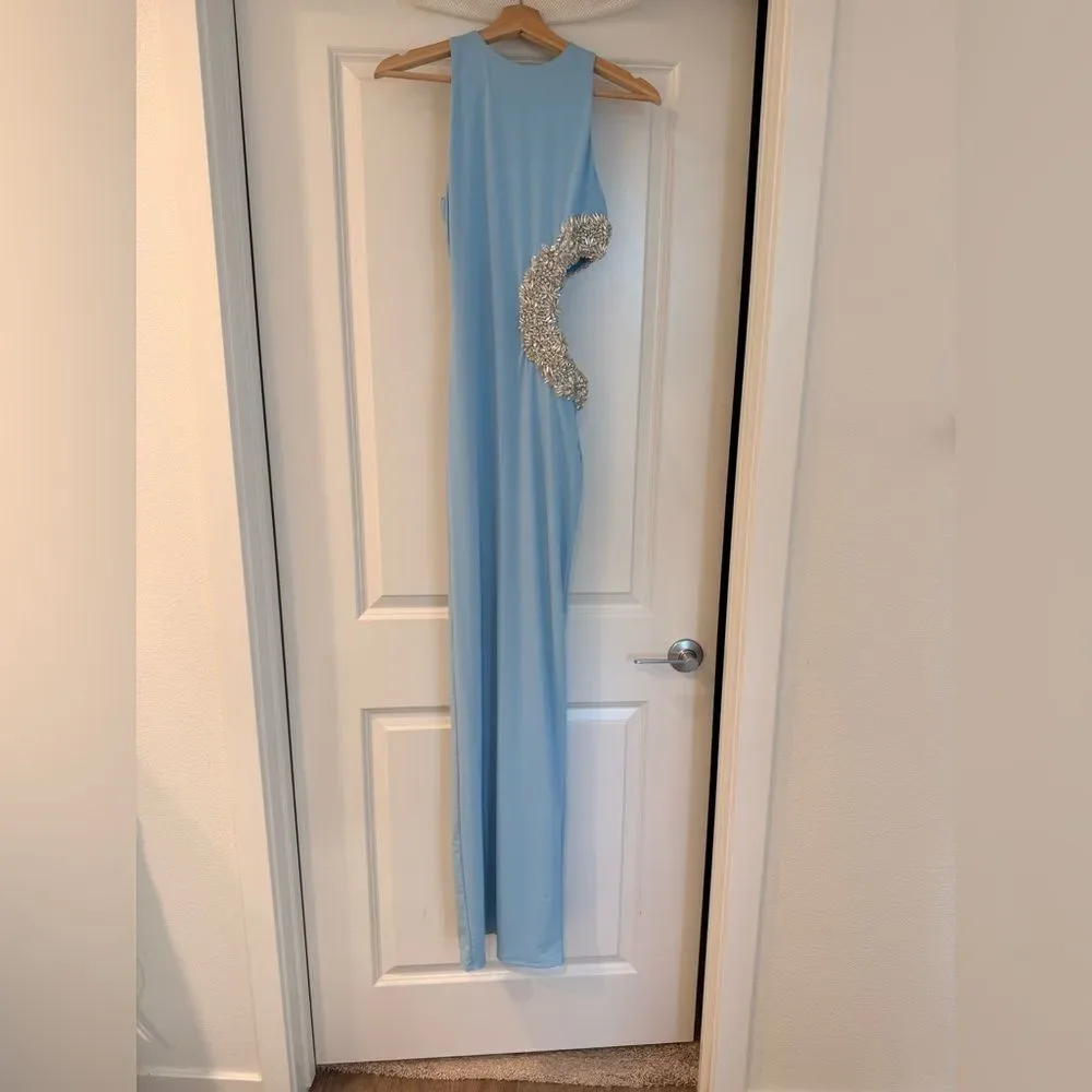 NWOT BRONX AND BANCO Camila Rhinestone Cutout Maxi Dress in powder blue - Picture 3 of 14
